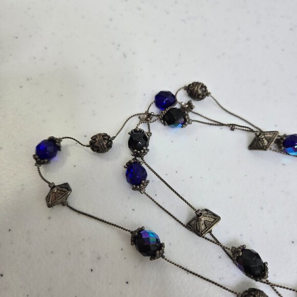 Chicos Illusion Necklace Blue Silver Tone Multi Strand Faceted Vintage Chain - Picture 8 of 9